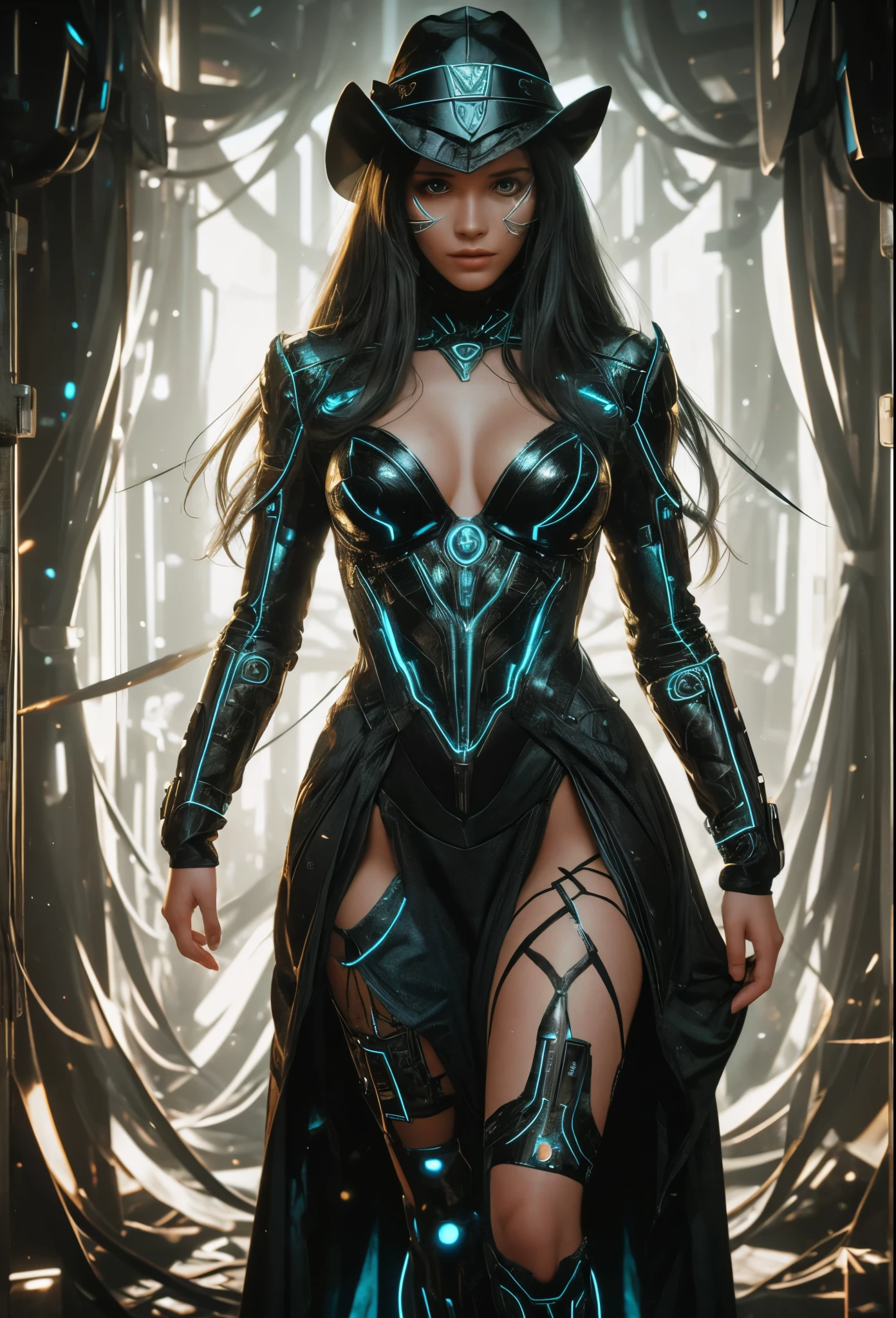 depicts a modern-day witch who has embraced the world of cybernetics to enhance her magical abilities. The artwork should convey the enchanting blend of traditional witchcraft and futuristic technology. Here are some specific elements to include: The Witch's Lair: The setting should be a cozy yet slightly eerie room, filled with magical books, crystal balls, potion ingredients, and antique furnishings. The room should be dimly lit by candles and a soft, mystical glow emanating from her cybernetic enhancements. The Cyborg Witch: The central focus of the artwork is the witch herself. She's a striking figure with a mix of traditional witch attire and cybernetic enhancements. Her clothing should have a witchy, occult aesthetic, with flowing robes, a pointed hat, and an intricate pentagram necklace. Her arms, however, have been upgraded with cybernetic components that incorporate magical symbols and glowing runes. Magical Interface: The witch is in the midst of casting a spell, with a holographic, touch-screen interface floating before her. This interface includes spell incantations, arcane symbols, and digital components, demonstrating her fusion of magic and technology. Spell Ingredients: On a nearby table, there should be a collection of spell ingredients, like herbs, potions, and magical artifacts. Some of these items may have been modified with cybernetic enhancements, blurring the line between the natural and the technological. Familiar: The witch's familiar, perhaps a cat or raven, should be present in the scene, serving as her magical companion. The familiar could also have subtle cybernetic enhancements or glowing eyes. Glowing Runes: The room should be adorned with ancient symbols and glowing runes on the walls and floor, contributing to the magical atmosphere. Aetherial Lighting: Use a combination of mystical, ethereal lighting and cybernetic glows to create a captivating interplay of light and shadow. The contrast between the tradit