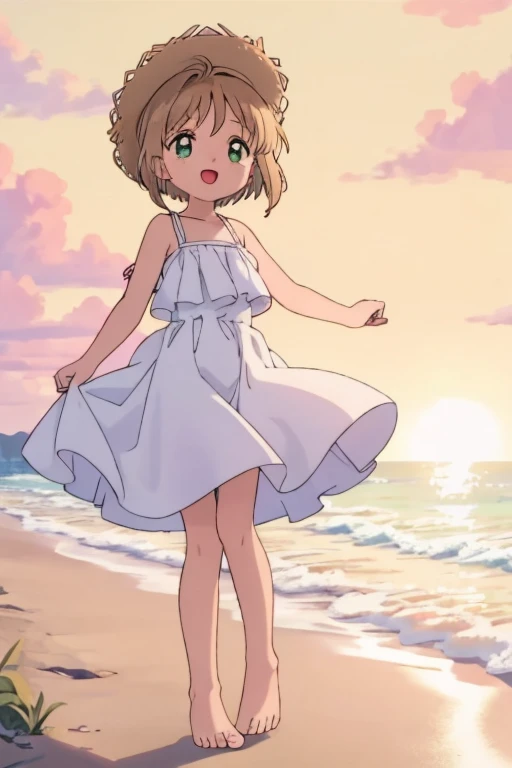 High resolution backgrounds,Beautiful background,anime, cute,Sunset on the beach,The big sun setting on the horizon,9--old l,White summer dress with straps,Chestnut Hair,Short Bob Hair,barefoot,Happy expression,Green Eyes,White straw hat,Lens flare,The hem of a skirt being blown up by the wind