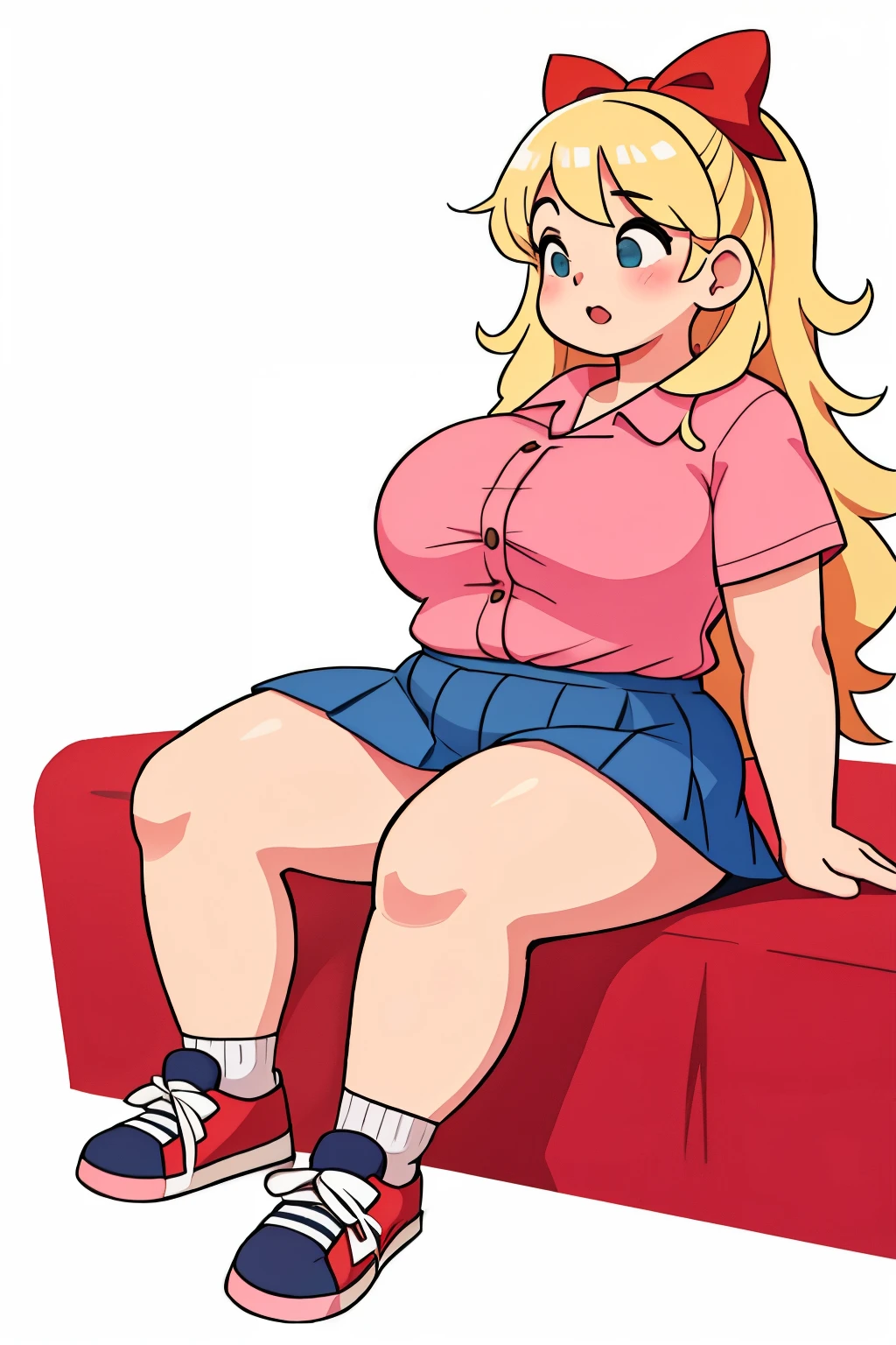 Very fat blonde girl, obese and swollen,  and with a giant belly that lifts his shirt, with hair down with a red bow, a pink shirt with buttons , a short blue skirt , black sneakers, lying down
