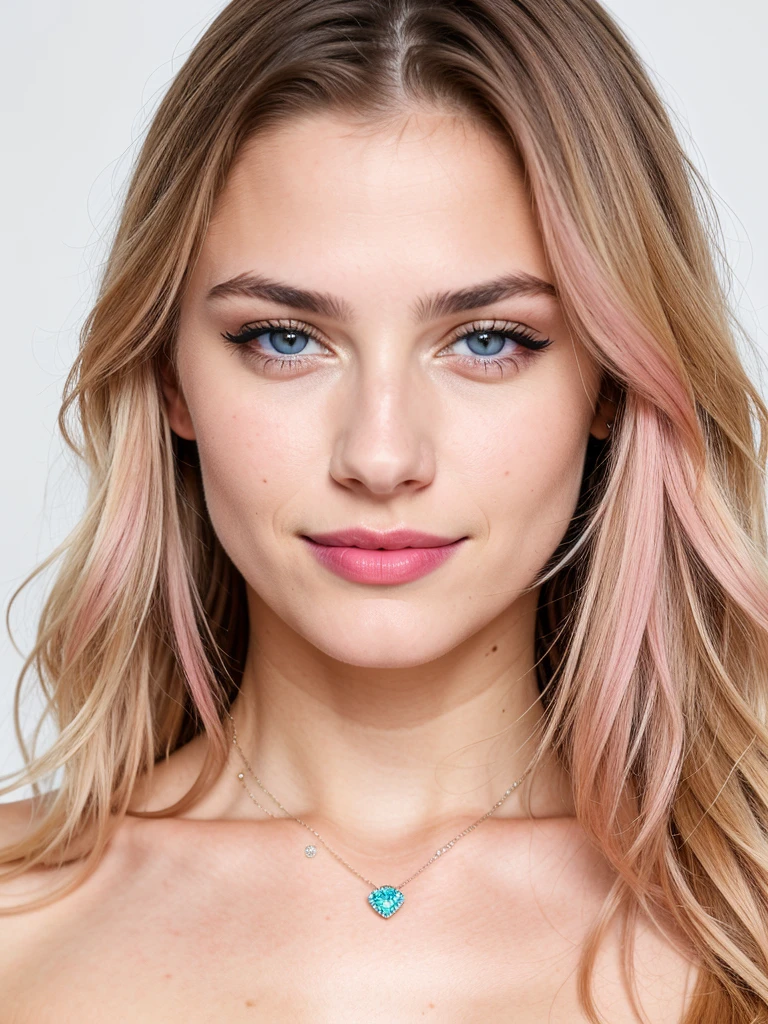 professional, (4K photo:1,1), (Focus:1,3), high detail, playful 18 year old Italian girl, (attractive young woman:1.3), (seductive:1.1), beautiful detailed face, blue eyes, blonde hair, (blushing:1.1), Beautiful young and athletic body, small and round breasts:1.2, beautiful smile, photo in studio with completely white background, close up, In topless, eyeliner and pink lipstick, jewelry, posing provocatively