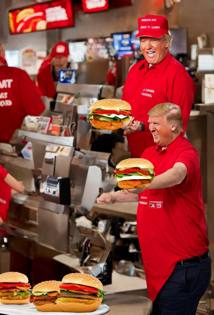 Create a hyper-realistic image of Donald Trump working at a Burger King. He should be wearing a Burger King uniform, including a red and black shirt with the Burger King logo, a matching hat, and a name tag that reads "Donald." Trump should be behind the counter, serving a customer with a slight smile that reflects both his characteristic confidence and a touch of humor. The background should include typical fast-food restaurant elements, such as menu boards, a cash register, and trays of food. Capture the realism with detailed textures of his uniform, the environment, and his well-known hairstyle. The scene should be lively and engaging, highlighting the juxtaposition of Trump in a fast-food setting.