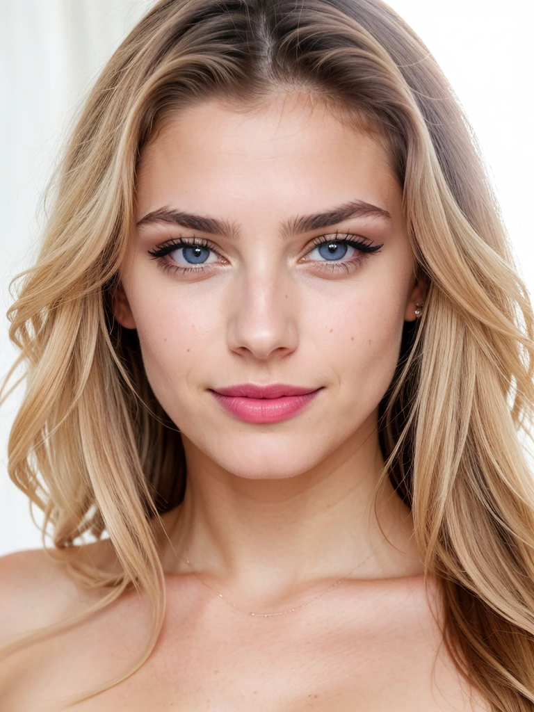 professional, (4K photo:1,1), (Focus:1,3), high detail, playful 18 year old Italian girl, (attractive young woman:1.3), (seductive:1.1), beautiful detailed face, blue eyes, blonde hair, (blushing:1.1), Beautiful young and athletic body, small and round breasts:1.2, beautiful smile, photo in studio with completely white background, close up, In topless, eyeliner and pink lipstick, jewelry, posing provocatively