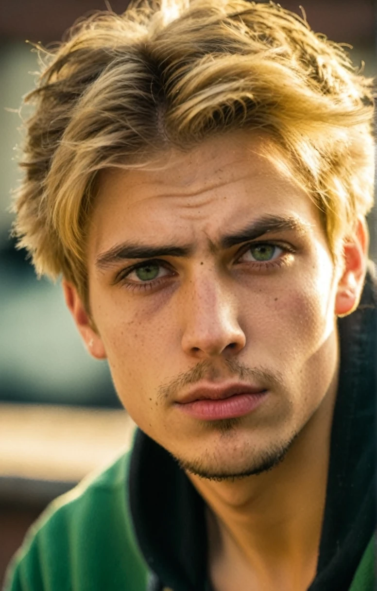 Grunge style 18 year old man,dirty blond hair,clean skin, no wrinkles,green eyes,extremely handsome,chiseled jaw,full stubble,skin pores,glossy eyes,(short hair no middle part),black harley davidson hoodie,denim jeans,torn jeans,golden hour,sitting on the ledge of a city rooftop,Thorough,analog style,eye focus,highest quality,(highly detailed skin),perfect face,(bokeh:0.6),sharp focus,dappled lighting,(backlighting:0.7),film grain,front view,(upper body:0.9) ., . Textured, vintage, edgy,
