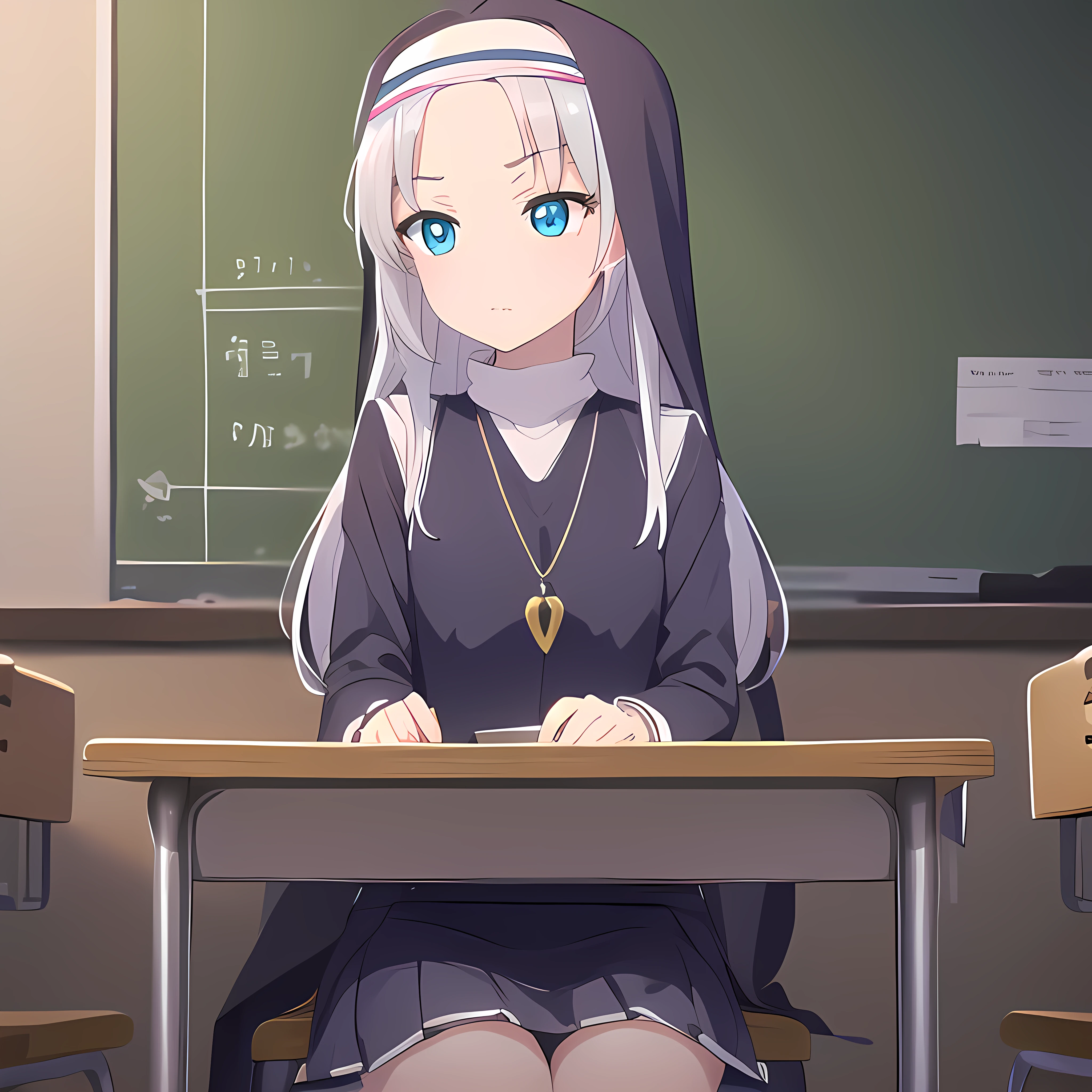 mariatakayama, maria takayama, long hair, blue eyes, fang, aqua eyes,
BREAK jewelry, heart, necklace, nun, habit, white short skirt
BREAK indoors, classroom, seated on desk
BREAK (masterpiece:1.2), best quality, high resolution, unity 8k wallpaper, (illustration:0.8), (beautiful detailed eyes:1.6), extremely detailed face, perfect lighting, extremely detailed CG, (perfect hands, perfect anatomy),
