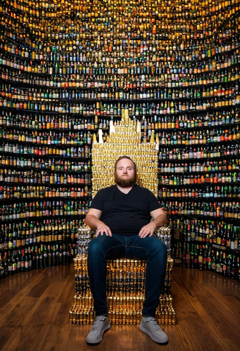 Create a man sitting on a beer throne with 1 million beers behind him., Create mountains of beer bottles 