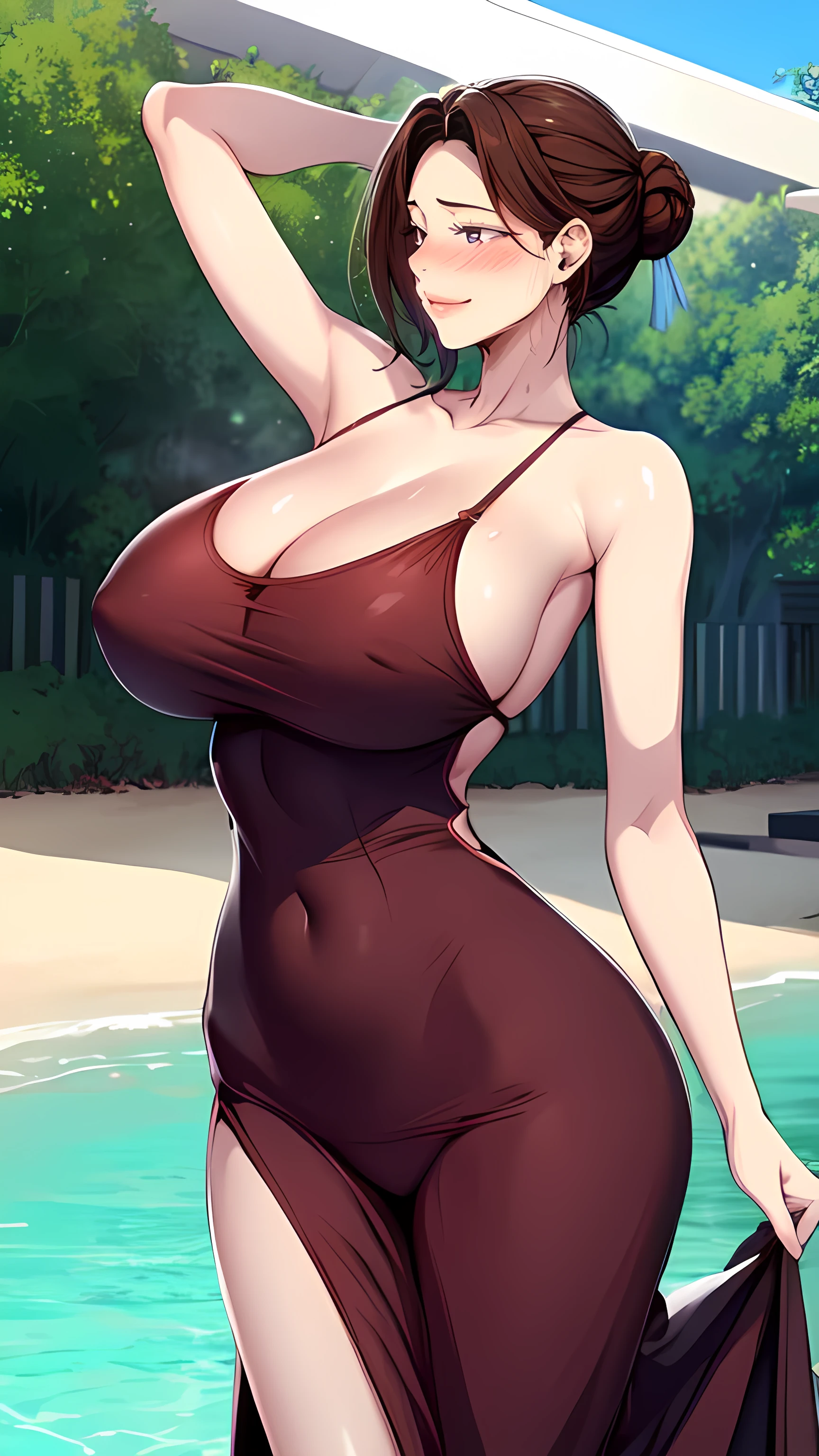 score_9, score_8_up, score_7_up, score_6_up, score_5_up, score_4_up, (8k, RAW photo, best quality, masterpiece:1.2), front view detailed body, long belly, big , Slender body, tight body , thicc ,large breast , long thighs, junescdef, brown hair, short hair, purple eyes, large breasts, beautiful legs, long dress, 1girl, breasts, solo, brown_hair, hair_bun, swimsuit, day, beach, outdoors, wet, 