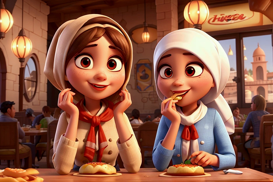 in the restaurant, arabe woman covered head, eating hamburger,3D pixar