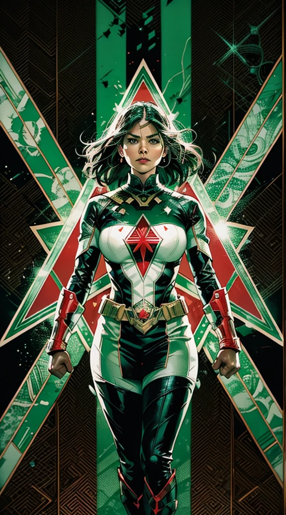A stunning cinematic concept art of female superhero, Captain Palestine, standing tall and proud. She wears a black, white, and green costume with red accents, with a heater-shaped shield on her right arm, she's protecting the torso with the shield in front of her. The shield is emblazoned with the iconic seal of Muhammad. Her chest is adorned with the red triangle, and her shield is surrounded by black, white, and green concentric strokes. Her expression is fierce and determined, radiating strength and courage. The background is a dramatic blend of black, green, creating a sense of action and adventure. ((cinematic:1.2)), poster.