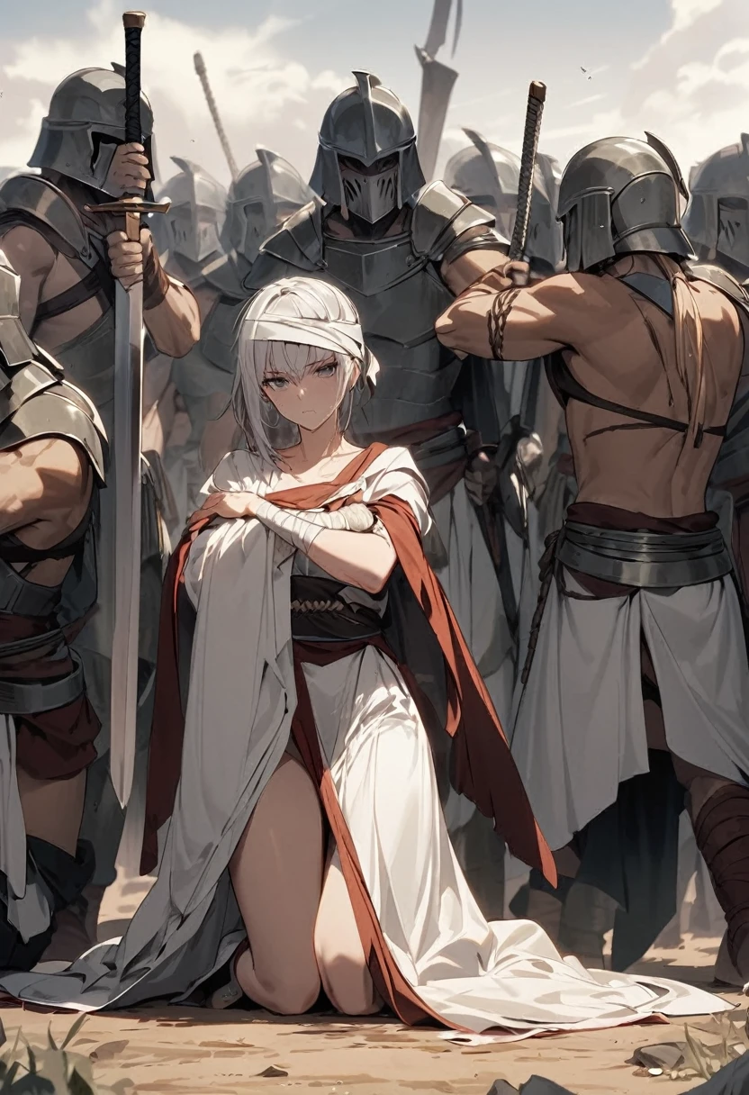 A group of warriors of the Spartan culture kneeling and in front of them stands a woman in traditional clothing who carries two swords and a bandage on her head