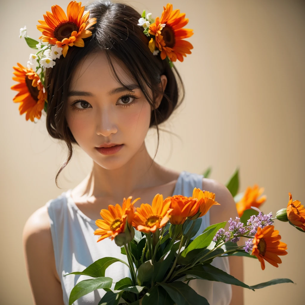Lady with flowers in her hair is an acrylic painting, Lucy Glendinning Style, Tony Dietlitz, Organic and naturalistic composition, Flower Explosion, Pickaxe, Light orange and brown, Calm face - ar 3:4 -