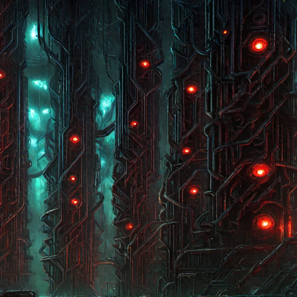(masterpiece, best quality:1.2), hell, horror, pillars, tubes, Tehnocratic Pillars, cyber horror, steel tubes