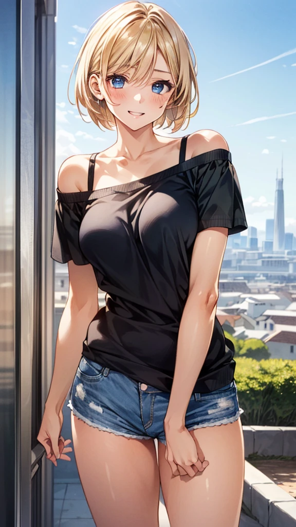 1woman, ((25 years old)), (((HD, UHD, HDR, Best Quality, Highly Detailed, 16K, Realistic anime))), modern city rooftop, standing, blonde hair, short hair, layered cut, white skin, (pale skin), beautiful eyes, perfect eyes, pretty eyes, highly detailed eyes, blue eyes, sexy lips, beautiful face, pretty face, highly detailed face, slim body, slim waist, slim thighs, gray tank top, sweatpants