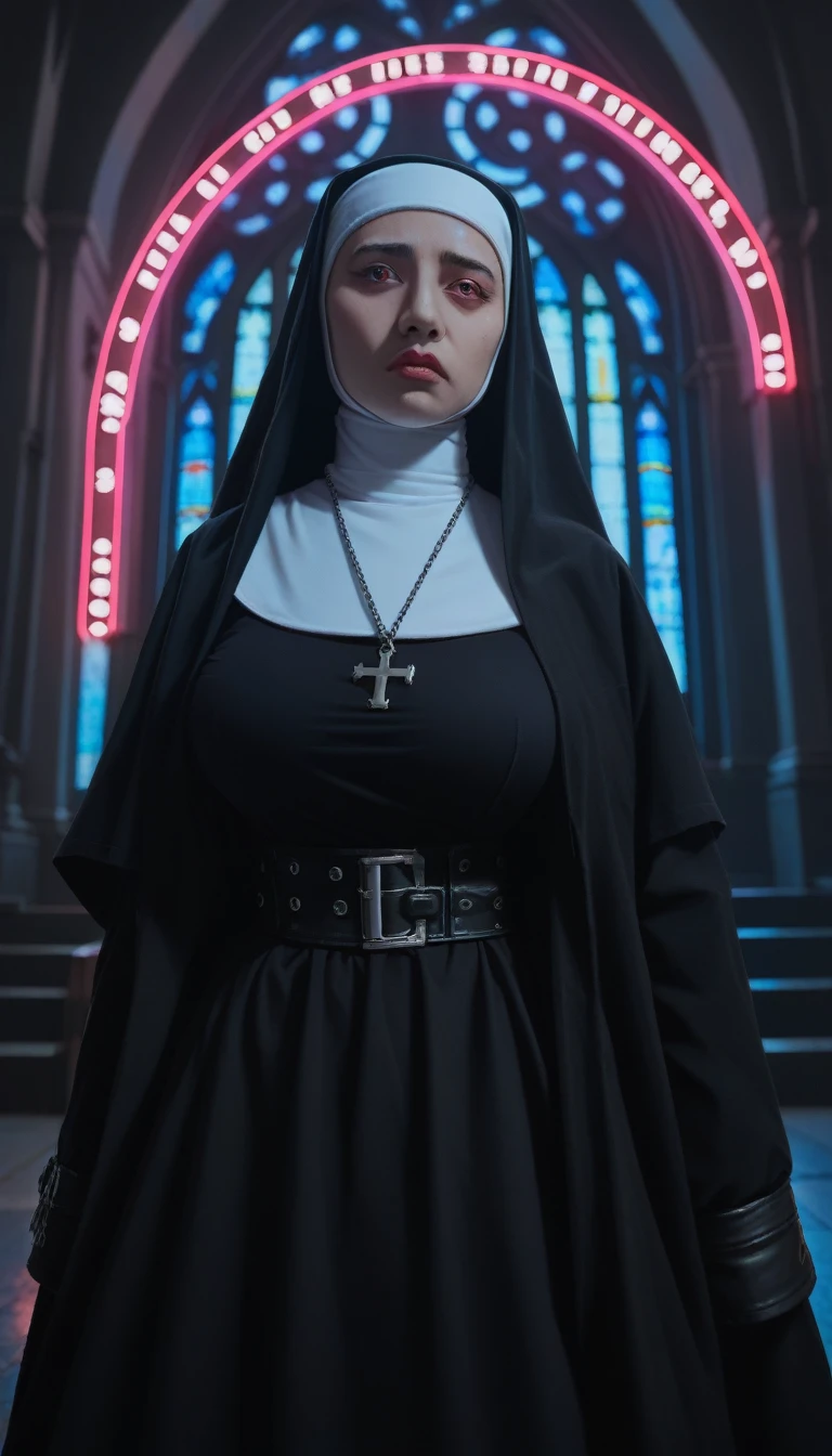 score_9_up, score_8_up, score_7_up, score_6_up,Raw, simulation) (Gothic nun huge breasts), 1990s, Surreal妆容, Leather coat inside a Gothic church at night, Neon lights, Very dark, fear, Red hue, confusion, sinister, High Detail, Surreal, Sony A7III, Movie Lighting, , food, Ultra-high definition face, Volumetric Shadows, Extremely detailed,  