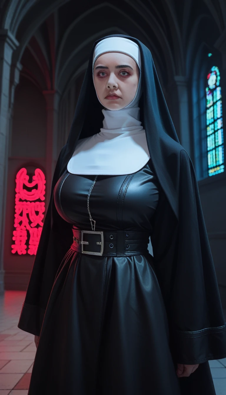 score_9_up, score_8_up, score_7_up, score_6_up,Raw, simulation) (Gothic nun huge breasts), 1990s, Surreal妆容, Leather coat inside a Gothic church at night, Neon lights, Very dark, fear, Red hue, confusion, sinister, High Detail, Surreal, Sony A7III, Movie Lighting, , food, Ultra-high definition face, Volumetric Shadows, Extremely detailed,