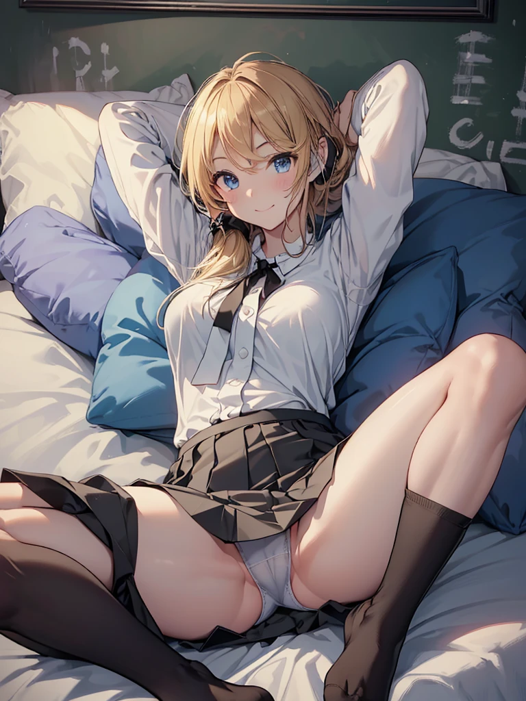 nsfw,High resolution、High resolution、high quality、masterpiece、1 female、Ellen Baker、School classmates、18-year-old、high school girl、Slim and long beautiful legs、skinny、blonde、blue eyes、Bedroom、Lying on the bed、((open legs:1.5)),Knee Up、Cute pose、(((arms behind head:1.5))),blackboard、smile、((Head to toe))、((Close-up of a woman))、(((school uniform))),((White Shirt)),((Blue Neck Ribbon)),((Pleated skirt))、((((Black knee-length socks))))、loafers,show panty,Yellow-green panties、Award-winning design panties、((I slept with my legs open...))、((trembling:1.4)),(((Normal position))),one eye cloth,hetero、intercourse with a man、clothed sex,,((Normal position))