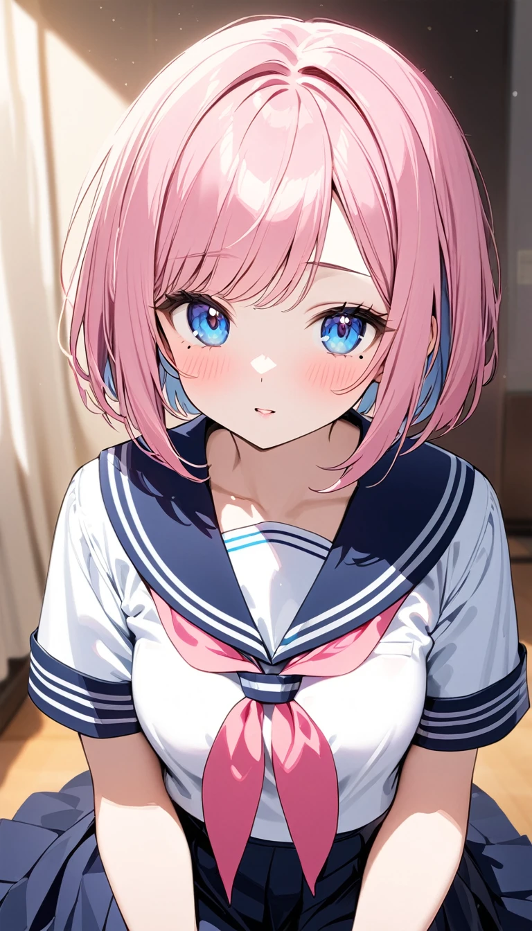 (1 girl),(Best Picture Quality, 8K, Masterpiece:1.3), (high school student:1.5), ((pink lob hair:1.1)), (bob cut),(swept bangs), (cute eyes, pupil black, iris skyblue, youthful face), (mole under right eye), (standard weight), (small breasts),(big hip), (glistening skin:1.1),(pale skin:1.2), ((serafuku, white sailor short sleeve simple shirt, darkblue skirt, darkblue sailor collar, pink ribbon)).