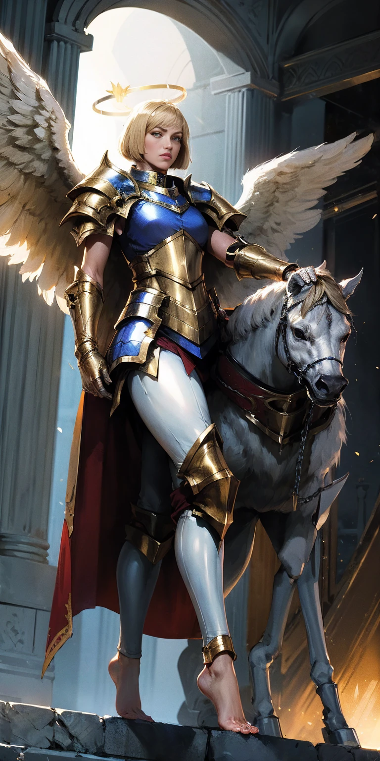 low angle from below full body toe to head inside the frame, paladin templar lady in white tabard, legwear, glowing yellow eyes, collar, golden chainmail, wide hips, barefoot together, angel wings, pauldrons, halo, silver platinum bob cut, blonde, eye focus, red cape, temple indoors, detailed, cinematic, fantasy