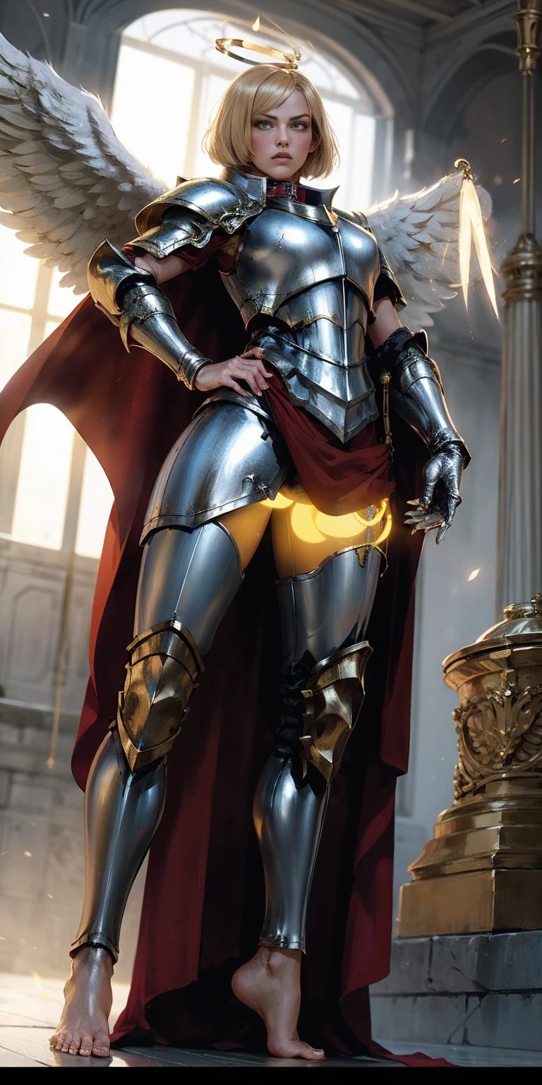 low angle from below full body toe to head inside the frame, paladin templar lady in white tabard, legwear, glowing yellow eyes, collar, golden chainmail, wide hips, barefoot together, angel wings, pauldrons, halo, silver platinum bob cut, blonde, eye focus, red cape, temple indoors, detailed, cinematic, fantasy