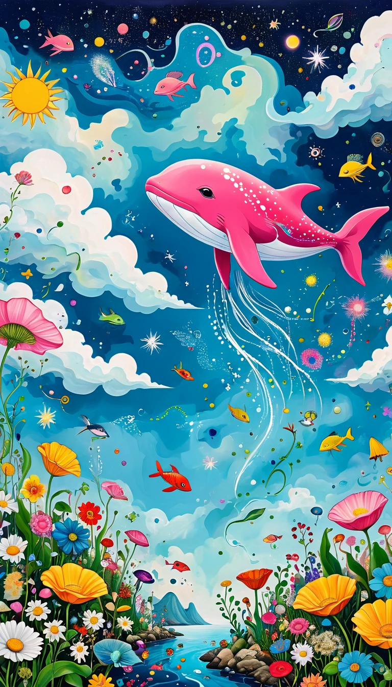 Children's graffiti,Thick coating，Concave and convex texture，Oil pastel strokes：Artists from the stars，Child，Flying Whale:1.37、Eruption Cloud、flowesh、章fish触手瀑布。、bird、(((Eye)))、diatom，Abstract mosaic painting，Describing the inner world of autistic people，Large area of white，interesting，Innocence，Vision，Psychedelic Art，
