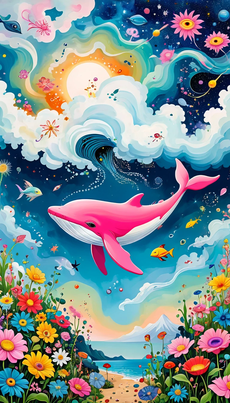 Children's graffiti,Artists from the stars,Child,joy, Flying pink Whale:1.37、Eruption Cloud、sky、flowesh、章fish触手瀑布。、bird、Eye、diatom,Abstract mosaic painting,Describing the inner world of autistic people,Large area of white,interesting,Innocence,Vision,Psychedelic Art,