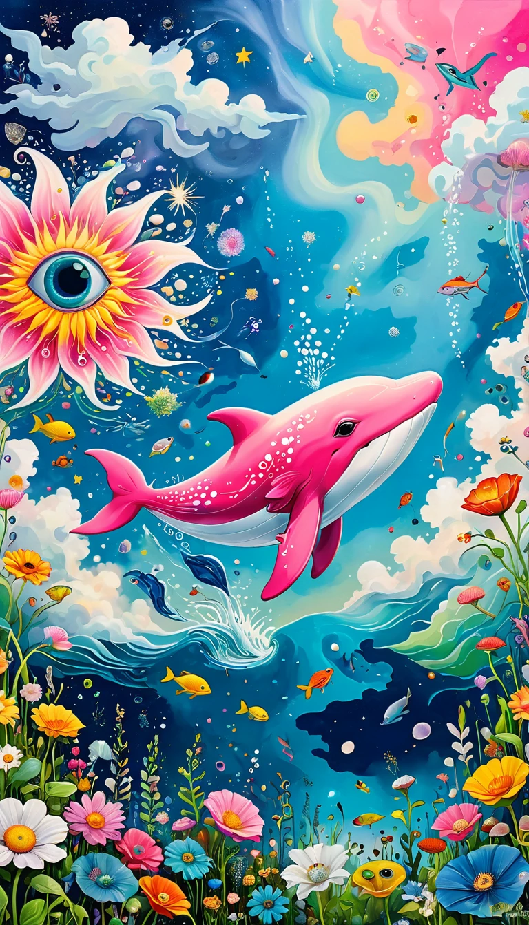Children's graffiti,Artists from the stars,Child,joy, Flying pink Whale:1.37、Eruption Cloud、sky、flowesh、章fish触手瀑布。、bird、Eye、diatom,Abstract mosaic painting,Describing the inner world of autistic people,Large area of white,interesting,Innocence,Vision,Psychedelic Art,