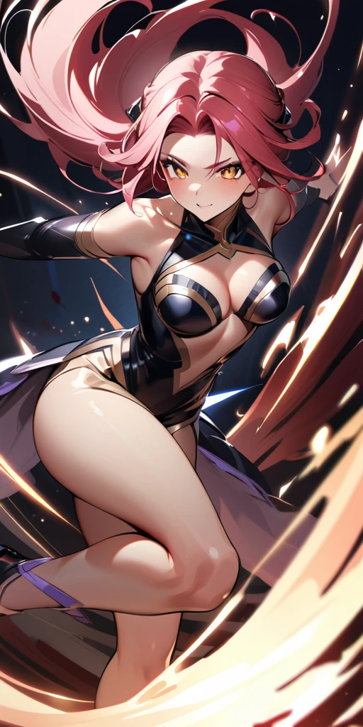 ((Highest quality、masterpiece、anime style、best quality、high resolution、8k、detailed、ultra-detailed:1.3))、Long legs、Sharp focus:1.2, Beautiful woman with perfect figure:1.4、(Smiling:1.2), double eyelid、30-year-old female、Sexy pose、((((Close your mouth、One Woman、メイド:1.5)))),The background is a different world、movement,dynamism、ファイティングポーズ
