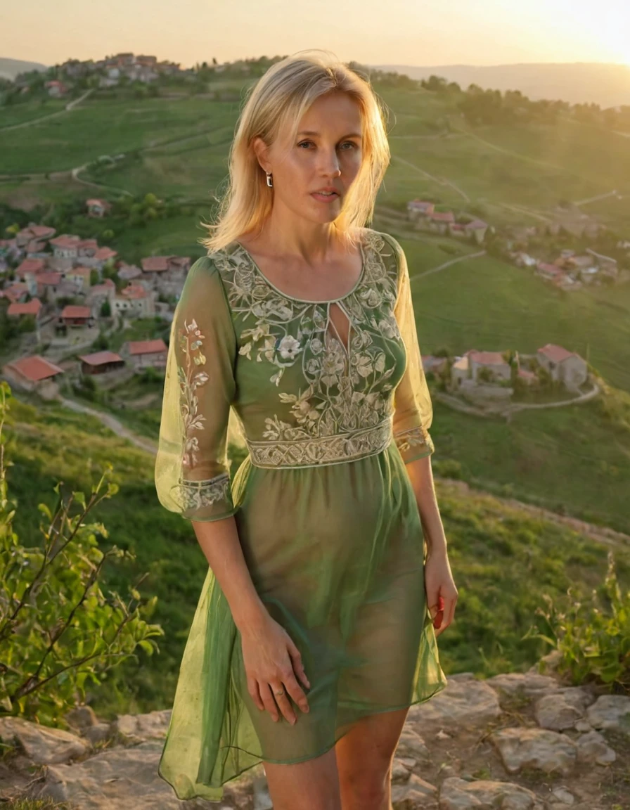 SexWife blonde milf Basked by a single golden ray of setting sun's soft light to peer through the intricate embroidery of a delicate transparent green dress worn by Sera, a young woman standing gracefully on hilltop overlooking village 