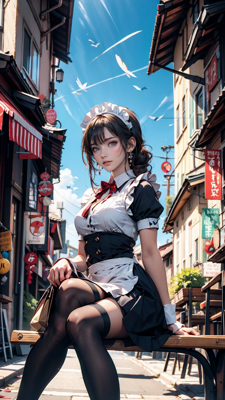 Anime girl in a maid outfit sitting on a bench with a city in the background, Best anime 4k konachan wallpaper, Fine details. Girls&#39; Frontline, Rorish, from Girls&#39; Frontline, From the Azur Lane video game, Nightcore, Azur Lane Style, Cute anime waifu in a nice dress, Perfect white hair girl, Enchanting anime girl, Smooth anime CG art