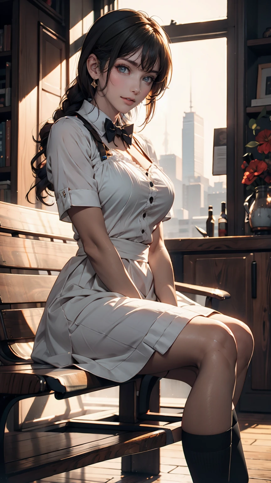 Anime girl in a maid outfit sitting on a bench with a city in the background, Best anime 4k konachan wallpaper, Fine details. Girls&#39; Frontline, Rorish, from Girls&#39; Frontline, From the Azur Lane video game, Nightcore, Azur Lane Style, Cute anime waifu in a nice dress, Perfect white hair girl, Enchanting anime girl, Smooth anime CG art