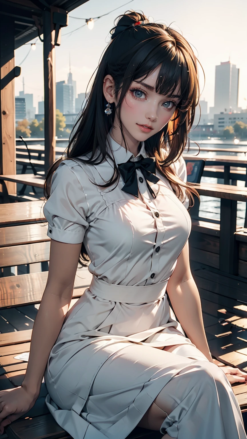 Anime girl in a maid outfit sitting on a bench with a city in the background, Best anime 4k konachan wallpaper, Fine details. Girls&#39; Frontline, Rorish, from Girls&#39; Frontline, From the Azur Lane video game, Nightcore, Azur Lane Style, Cute anime waifu in a nice dress, Perfect white hair girl, Enchanting anime girl, Smooth anime CG art