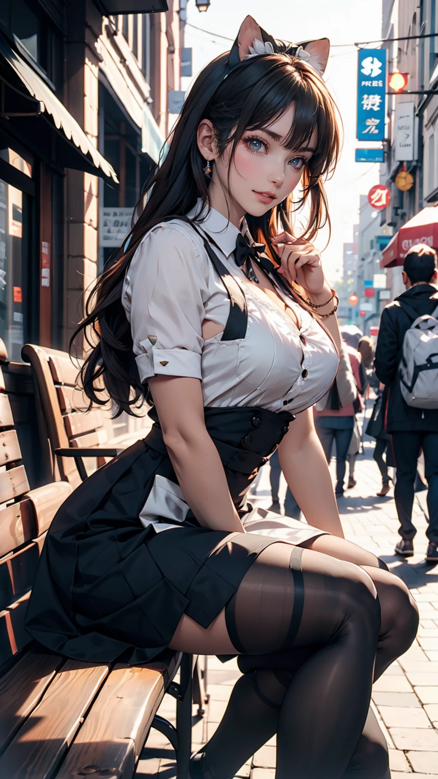 Anime girl in a maid outfit sitting on a bench with a city in the background, Best anime 4k konachan wallpaper, Fine details. Girls' Frontline, Rorish, from Girls' Frontline, From the Azur Lane video game, Nightcore, Azur Lane Style, Cute anime waifu in a nice dress, Perfect white hair girl, Enchanting anime girl, Smooth anime CG art