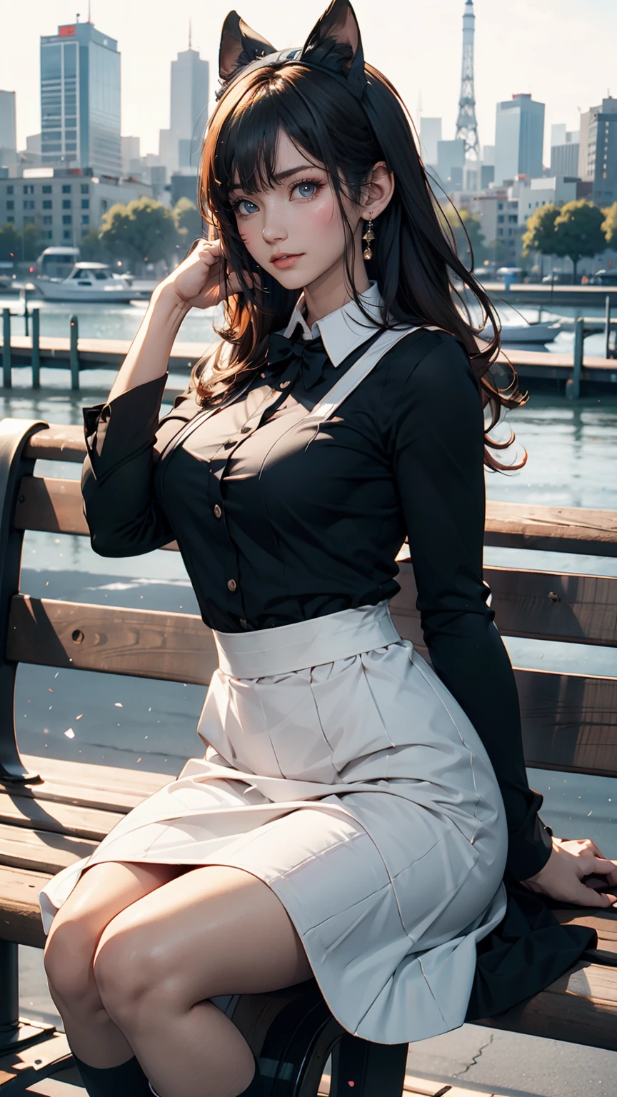 Anime girl in a maid outfit sitting on a bench with a city in the background, Best anime 4k konachan wallpaper, Fine details. Girls' Frontline, Rorish, from Girls' Frontline, From the Azur Lane video game, Nightcore, Azur Lane Style, Cute anime waifu in a nice dress, Perfect white hair girl, Enchanting anime girl, Smooth anime CG art