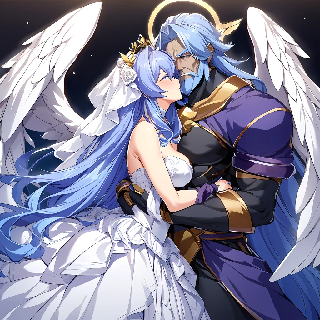 ((Highest quality)), ((masterpiece)), (detailed), (Perfect Face)、The woman is embracing, kissing, and making love to Zeus, the great, strong, bearded, old, naked chief god of Greek mythology, and having insemination sex on a luxurious bed in a luxurious bedroom in heaven.、Women are messengers of God and great angels.6An archangel and god with wings and a shining halo above his head.々The wife of Zeus, the king of the gods, the goddess Extia、The woman is the beautiful Queen of the Gods, Goddess Extia, with medium-long blue hair. She is wearing a gorgeous white wedding dress with gold embroidery and trim, a white wedding veil, an engagement ring, and gorgeous accessories. She is an elegant goddess and a beautiful queen of the gods.