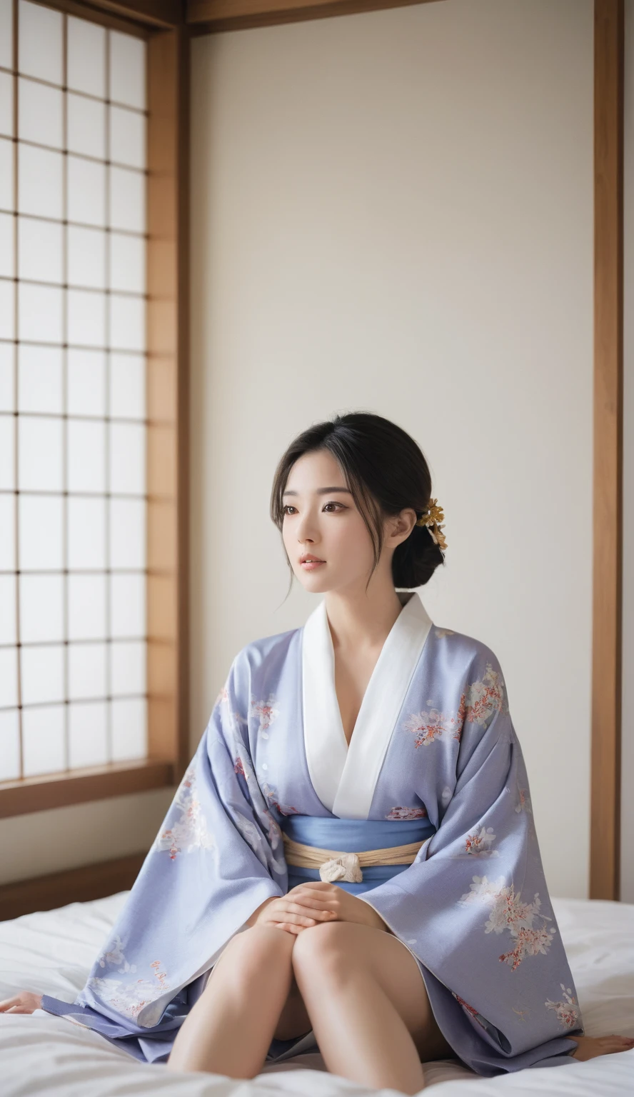 arafed asian woman in a kimono sitting on a bed, in kimono, wearing kimono, yukata, kimono, classy yukata, wearing a kimono, wearing a haori, wearing a simple robe, in a kimono, kimono, japanese kimono, wearing a simple robe, classic kimono, wearing royal kimono, Japanese Model, Traditional Japanese, Japanese style、Open chest