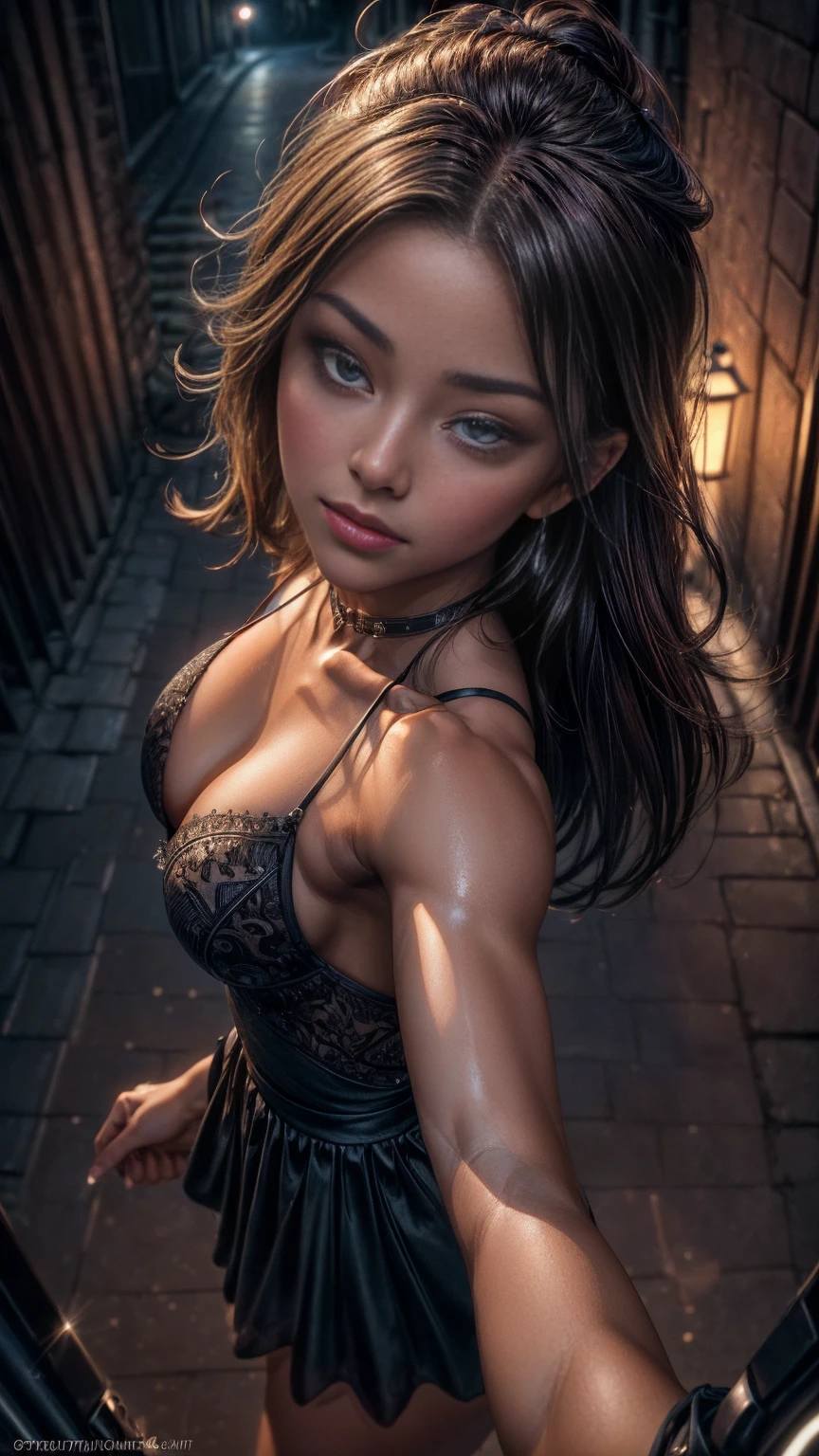 (selfie shot, from above:1.5), RAW uhd portrait photo of a 16-year-old brunette full body posed in lingerie walking down a dark alleyway, (muscular female:1.5), natural breast, (flexing bicep pose), nighttime city background, (red sundress), (cleavage), detailed (textures!, hair!, shine, color!!, imperfections:1.1), highly detailed glossy eyes, head leaned back, (looking up at the camera), specular lighting, dslr, ultra quality, sharp focus, tack sharp, dof, film grain, (centered), Fujifilm XT3, crystal clear, center of frame, cute face, sharp focus, street lamp, neon lights, bokeh, (dimly lit), low key, at night, (night sky)  detailed skin pores, oiled skin, tan, intricate eye detail