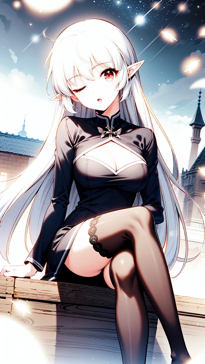 best quality, (masterpiece:1.2), detailed, alice, ;o, one eyes closed, grey hair, long hair, red eyes, pointy ears, large breasts, black dress, cleavage cutout, long sleeves, thighhighs, thigh strip, sitting, crossed legs, head tilt, looking at the viewer, castle, night, fireflies, starry sky