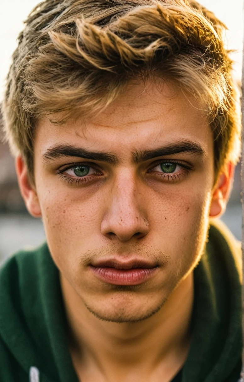 Nu metal style 18 year old man,dirty blond hair,clean skin, no wrinkles,green eyes,extremely handsome,chiseled jaw,full stubble,skin pores,glossy eyes,(short hair no middle part),black harley davidson hoodie,denim jeans,torn jeans,golden hour,sitting on the ledge of a city rooftop,Thorough,analog style,eye focus,highest quality,(highly detailed skin),perfect face,(bokeh:0.6),sharp focus,dappled lighting,(backlighting:0.7),film grain,front view,(upper body:0.9) ., . Textured, vintage, edgy,