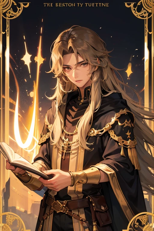A young 20 year old boy with tan skin, jet wavy chin length hair, with a soft but mysterious countenance that makes it obvious that he is a sorcerer with great affiliation to the tarot