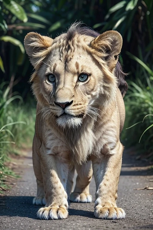 I want a baby lion, in its natural habitat looking at the photo, I want it to be in 3D reality