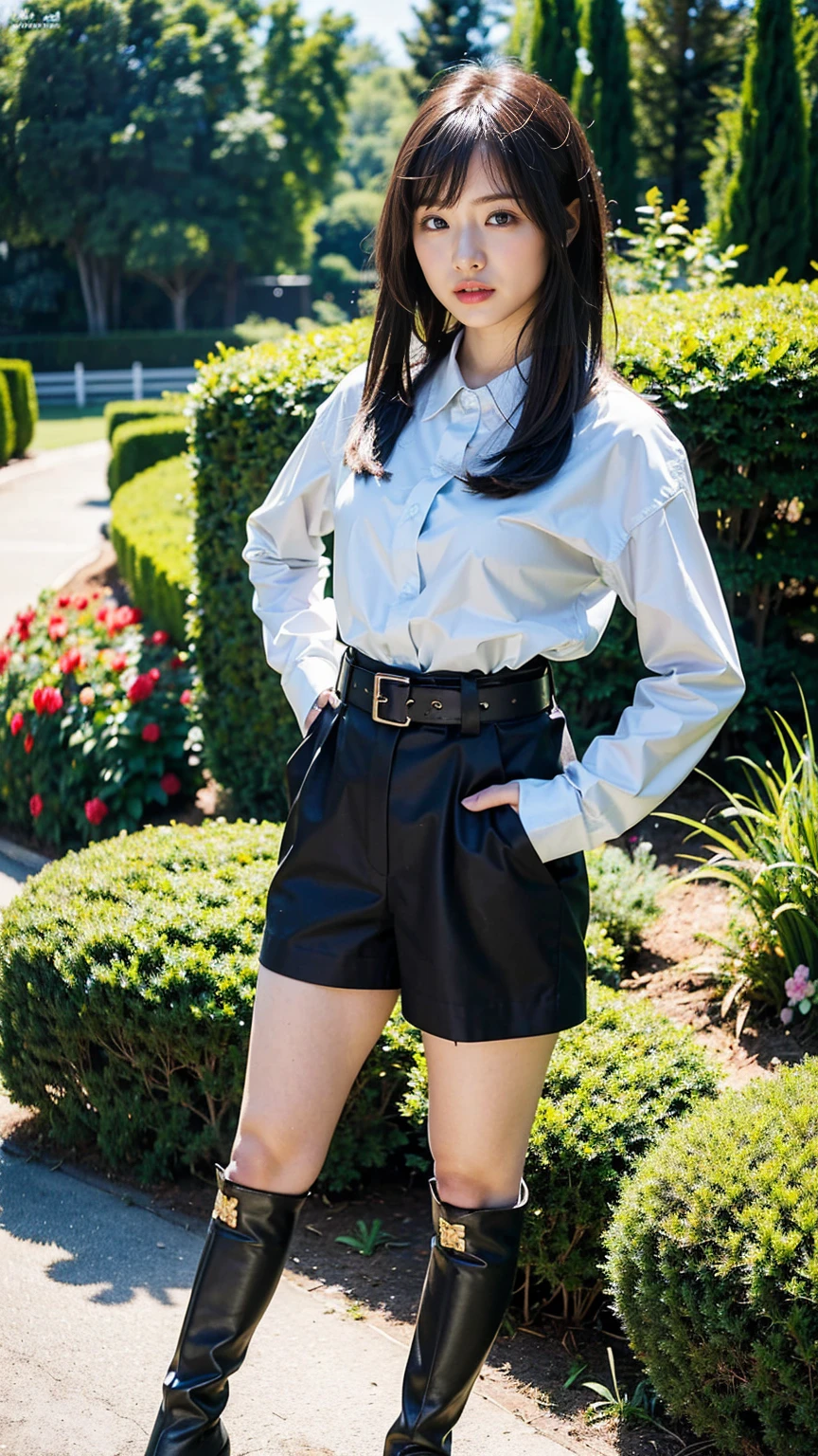 (8k、RAW Photos、Highest quality、masterpiece:1.2)、(Realistic、Realistic)、1 Girl、((suit、Black shortedium Hair、boots、garden、View from the front、Looking at the camera、belt、Hands on your hips))、cute