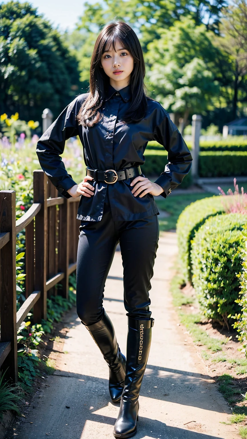(8k、RAW Photos、Highest quality、masterpiece:1.2)、(Realistic、Realistic)、1 Girl、((suit、Black shortedium Hair、boots、garden、View from the front、Looking at the camera、belt、Hands on your hips))、cute
