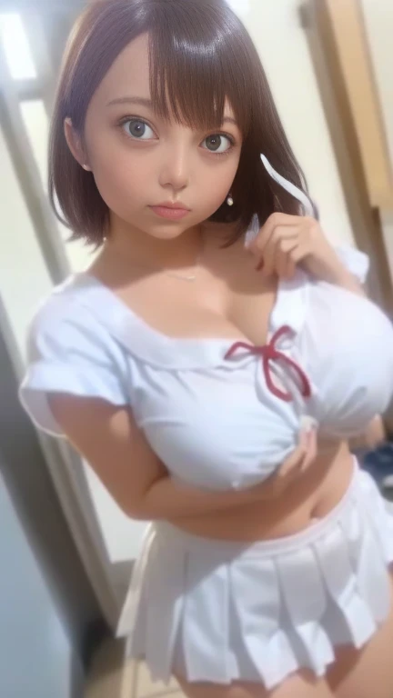 ((White short sleevesセーラー服、女子White short sleeves水兵服))、((Summer clothes、White short sleeves、(Navy blue pleated mini skirt、Red ribbon)、I can see your belly button))、1 girl、21 years old、Tight Abs、Slim body、masterpiece:1.3、Highest quality、Raw photo、Bob Hair、Brown Hair、Big Breasts、
