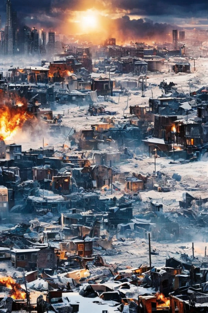 (cold temperature) movie cover, collage of epic scenes, epic scene, In the center, a destroyed city hit by a great snow storm that covers everything with a thick layer of snow, in a world where the sun does not exist.