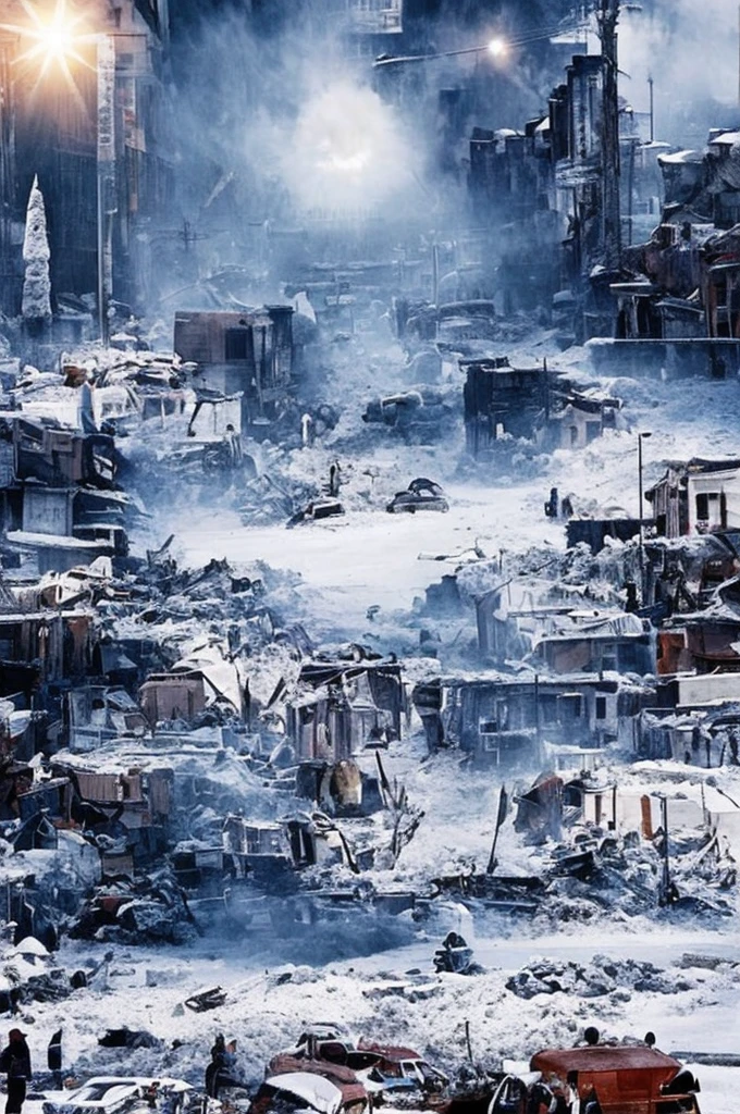 (cold temperature) movie cover, collage of epic scenes, epic scene, In the center, a destroyed city hit by a great snow storm that covers everything with a thick layer of snow, in a world where the sun does not exist.