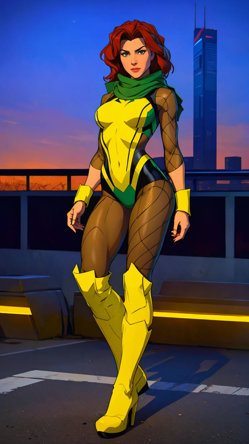 ((Full body photo, standing, feet on the ground)) (best quality, 4k, 8k, high resolution, masterpiece: 1,2), ultra-detailed, fishnet tights, (realistic, photorealistic, photorealistic: 1, 37), full body photo, Rogue, X-Men, yellow high boots, beauty pose, standing, show feet, outside, city roof at night, green bandana