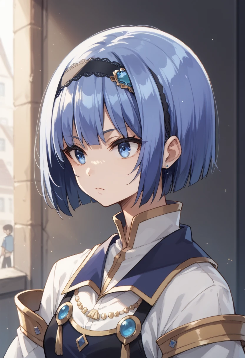 blue hair,blue eyes,short hair,jewelry hairband, short hair, bob cut