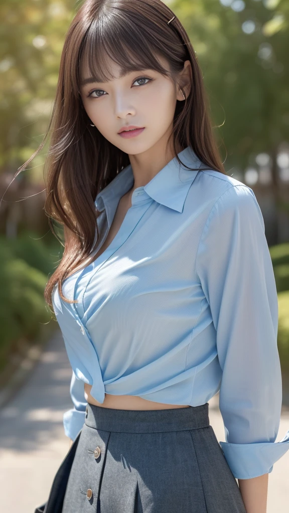 ((top-quality、8k、masterpiece:1.3))、Japan beauties:1.2、Perfect Body Beauty:1.4、Slim abs:1.2、((hair messy、oblique bangs)、(Long Button Shirt:1.1)、tight skirts、age19、Highly detailed facial and skin texture、A detailed eye、double eyelid、Aspect of looking at the camera