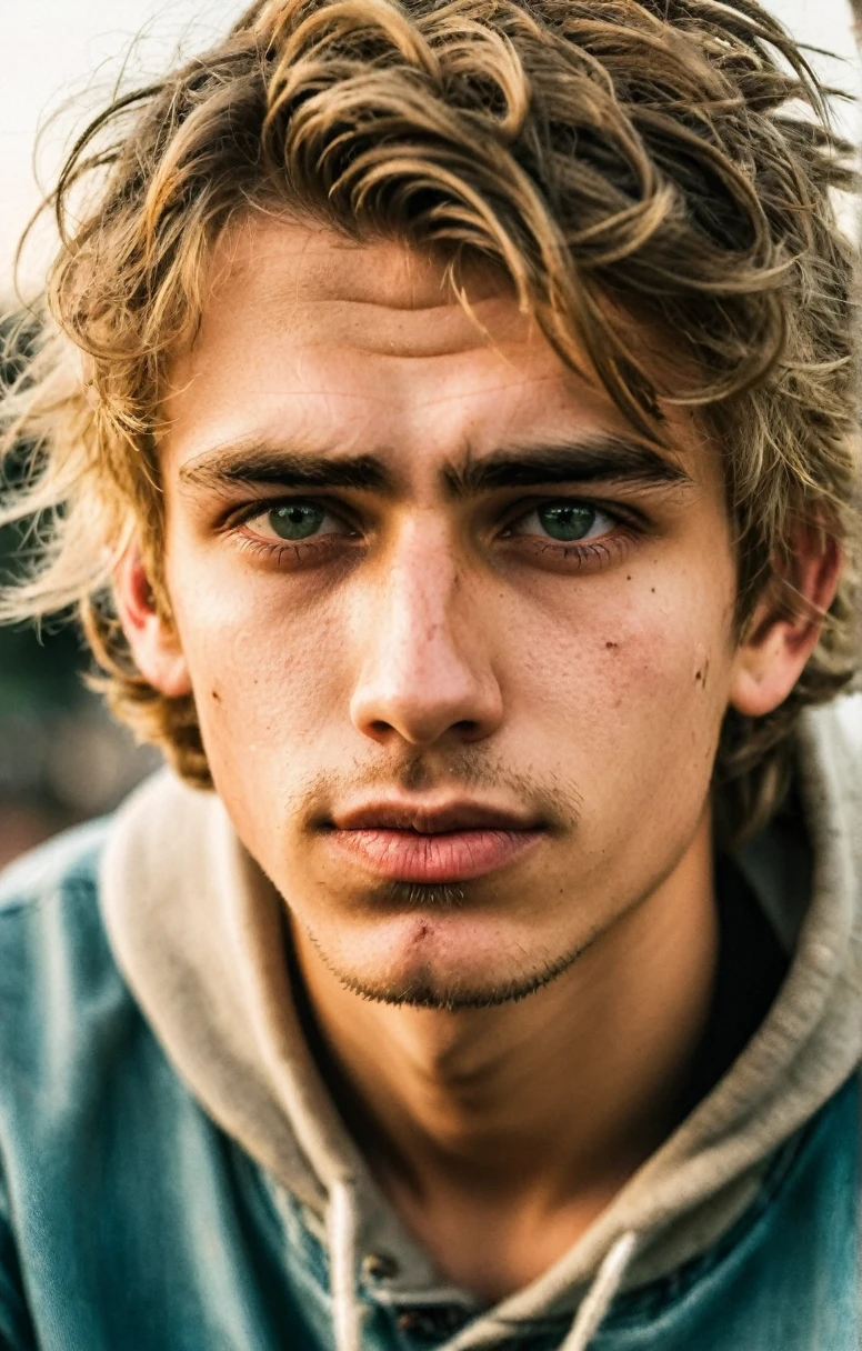 Grunge style 18 year old man,dirty blond hair,clean skin, no wrinkles,green eyes,extremely handsome,chiseled jaw,full stubble,skin pores,glossy eyes,(wavy messy hair no middle part),black harley davidson hoodie,denim jeans,torn jeans,golden hour,sitting on the ledge of a city rooftop,Thorough,analog style,eye focus,highest quality,(highly detailed skin),perfect face,(bokeh:0.6),sharp focus,dappled lighting,(backlighting:0.7),film grain,front view,(upper body:0.9) ., . Textured, vintage, edgy,