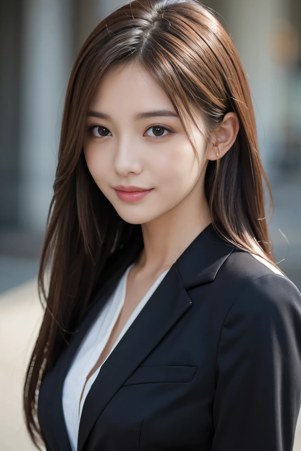 Tabletop、Highest quality、Genuine、Very detailed、finely、High resolution、8k wallpaper、One beautiful woman、、、light brown disheveled hair、Wear a business suit、Sharp focus、Perfect dynamic composition、Beautiful and detailed、Thin Hair、詳細なGenuineな肌の質感、smile、Close-up portrait、Model body type