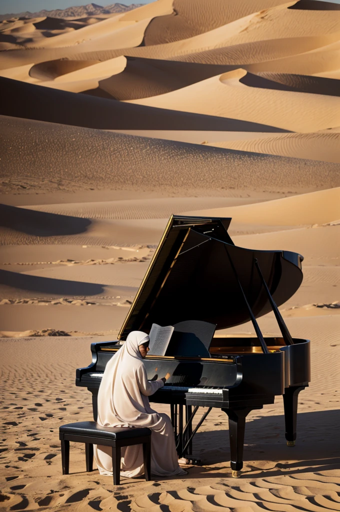 Muslim wearing hijab play grand piano in the desert